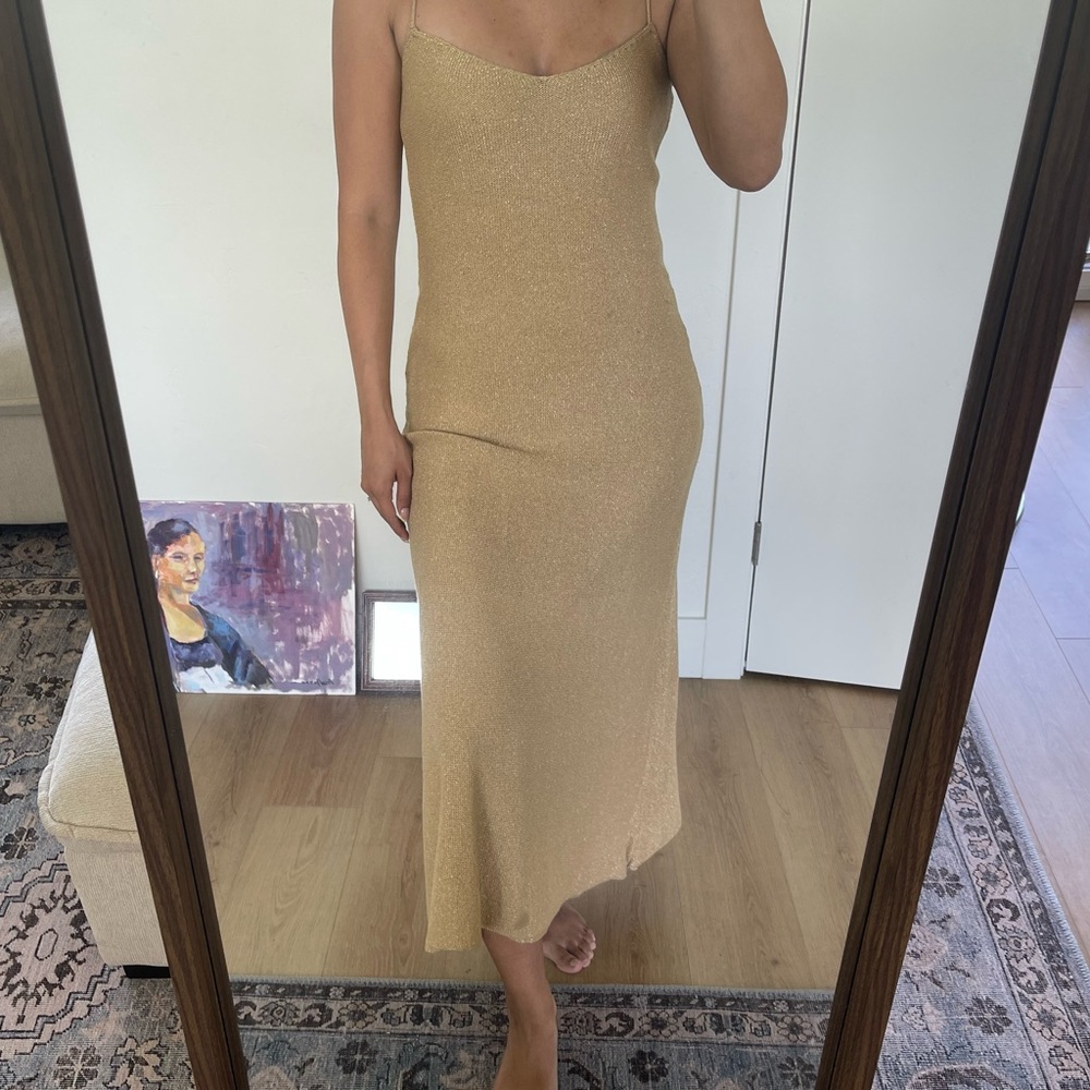 Tan Sheath Midi Dress Spaghetti Strap Sleeveless
